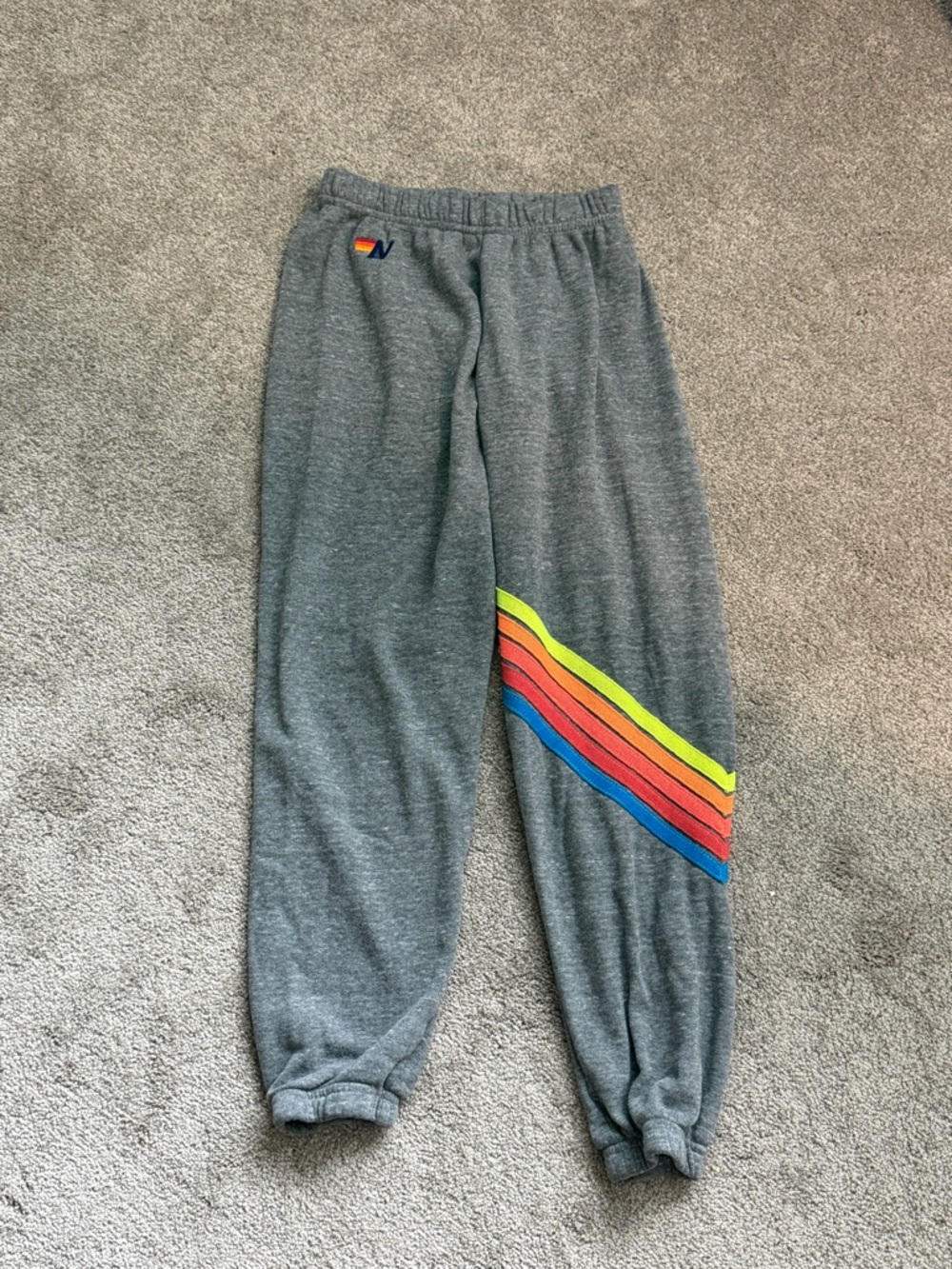 Aviator Nation Grey Joggers with Neon Rainbow Stripe